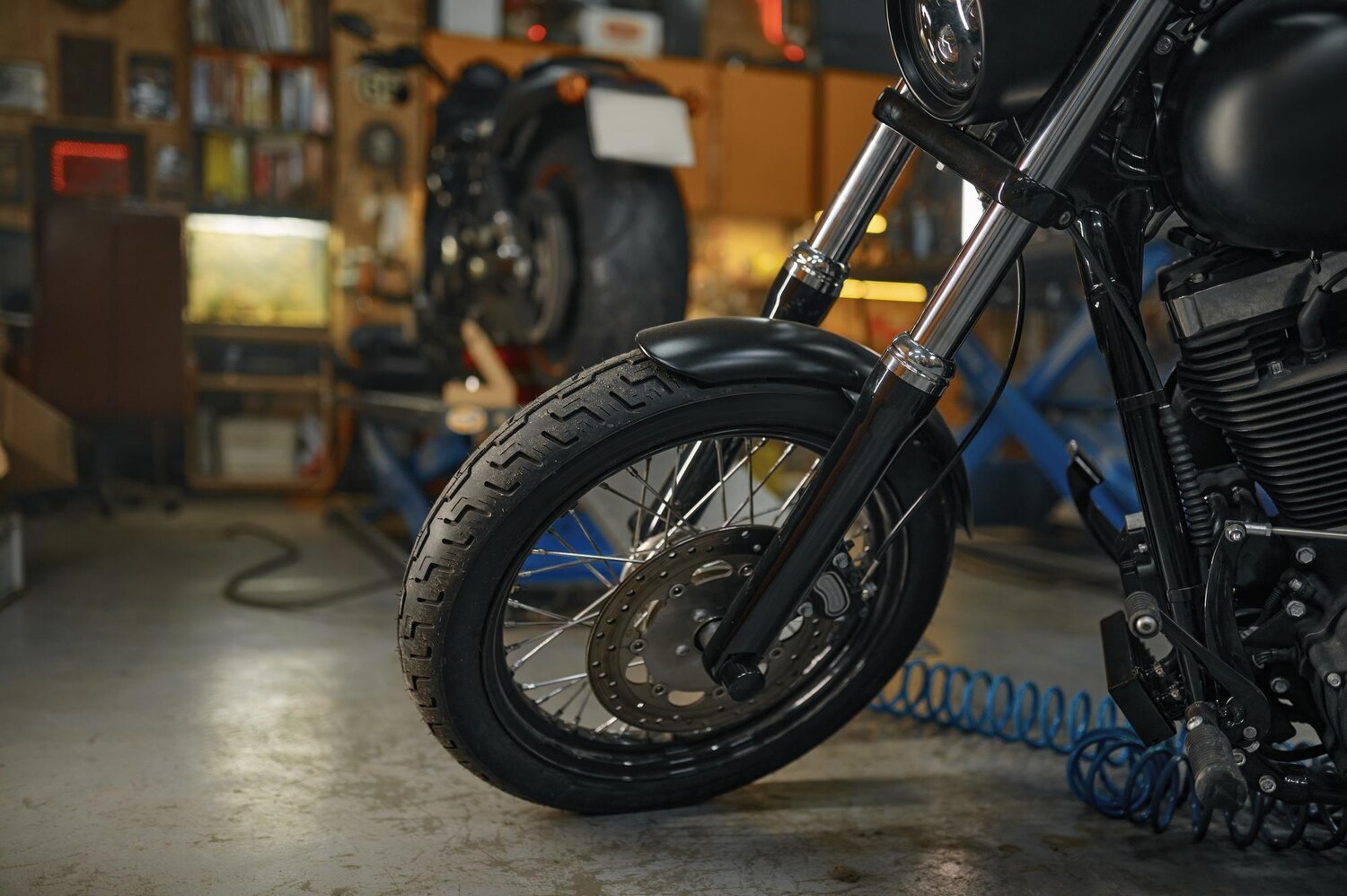 Selective Focus Motorcycle Front Wheel Maintenance Repair Motorbike Garage Concept 266732 33121 Selective Focus Motorcycle Front Wheel Maintenance Repair Motorbike Garage Concept 266732 33121
